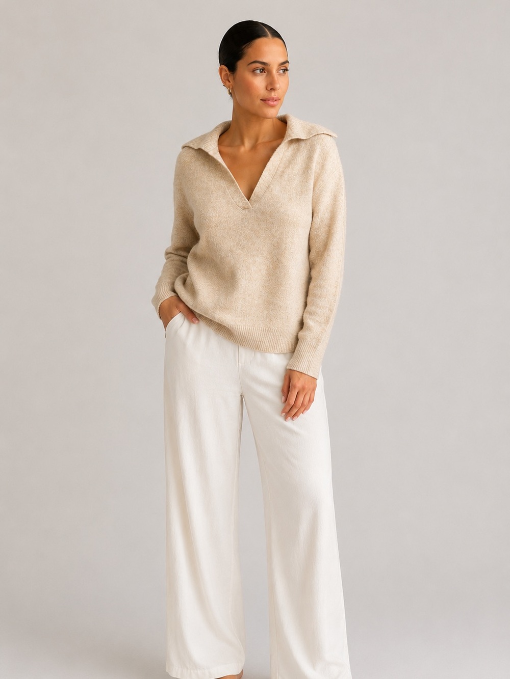 WHBM Soft Knit Collared Sweater Beige Size M